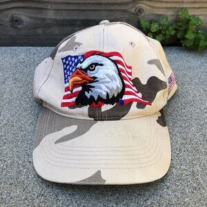 Vintage 90s SWT Bald Eagle American Flag Baseball Hat Men's Camo Beige Cap​​​​